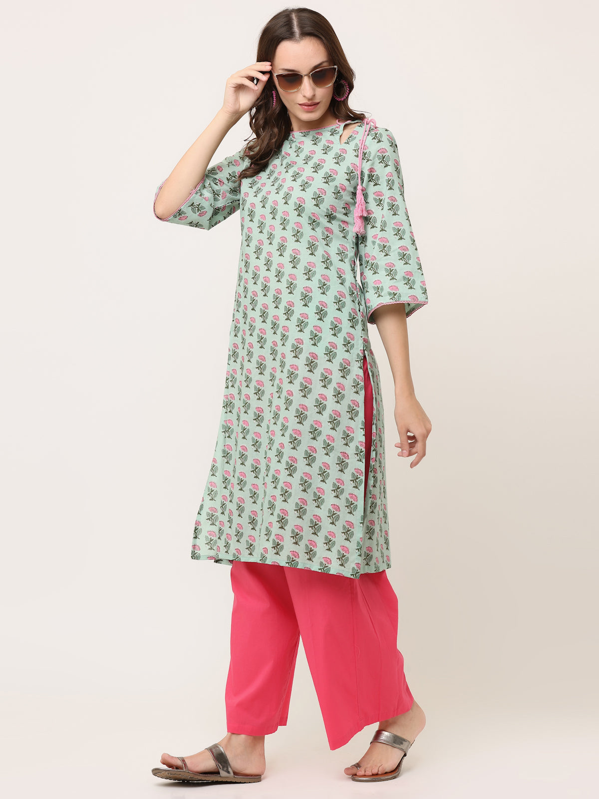 GREEN HAND BLOCK PRINTED KURTA WITH PINK TIE-UP