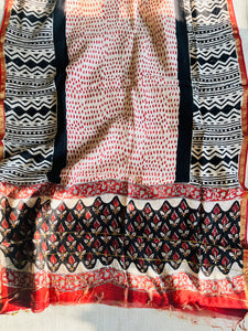 KALAMKARI LEAF PRINT CHANDERI UNSTITCHED SUIT SET- BLACK & RED