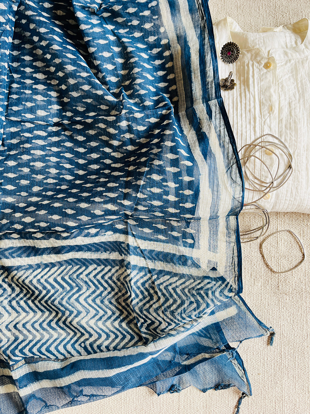 "SPRING LEAF" INDIGO KOTA DORIA DUPATTA