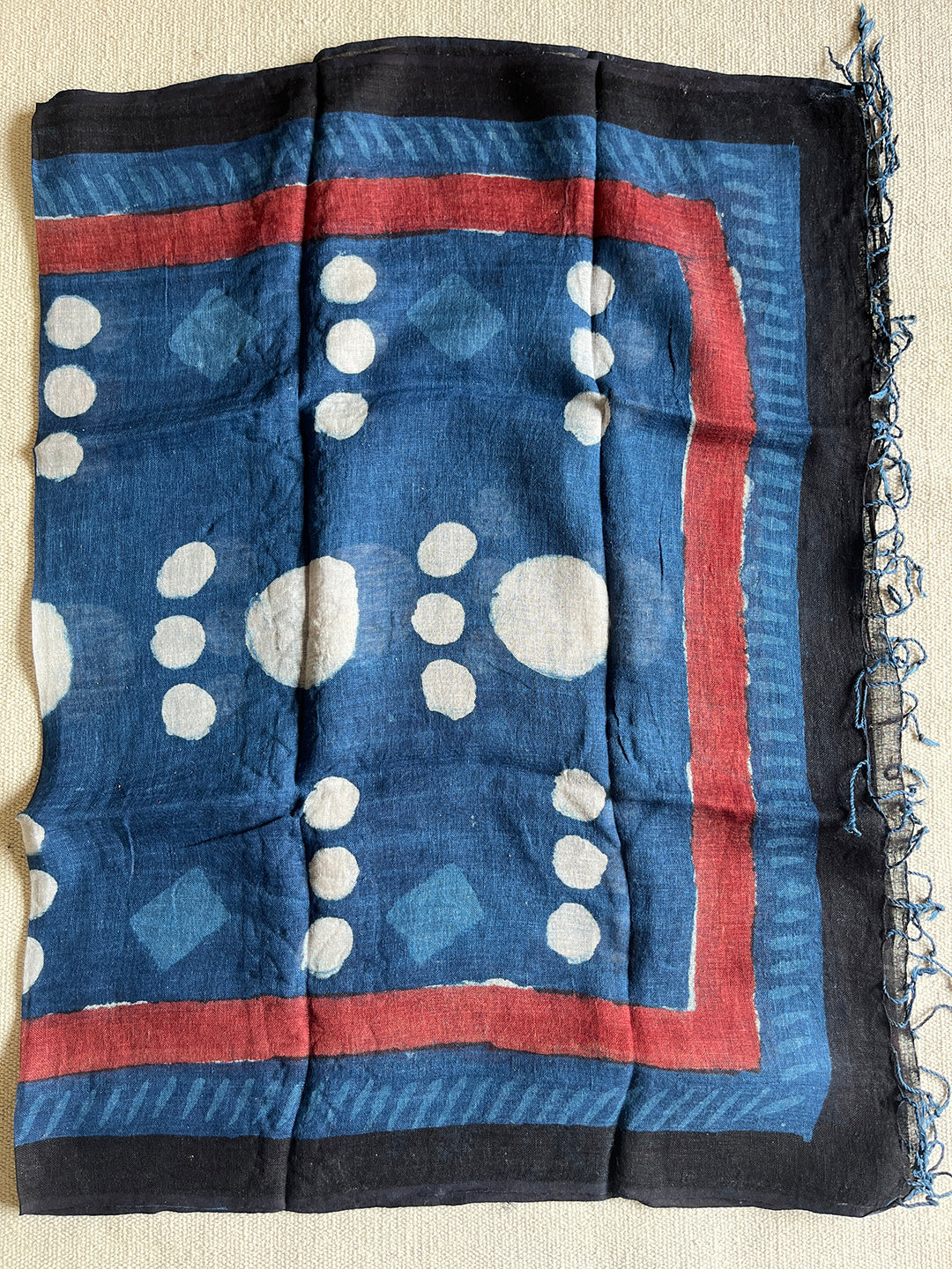 POLKAS & CONTRAST BORDER INDIGO LINEN DUPATTA