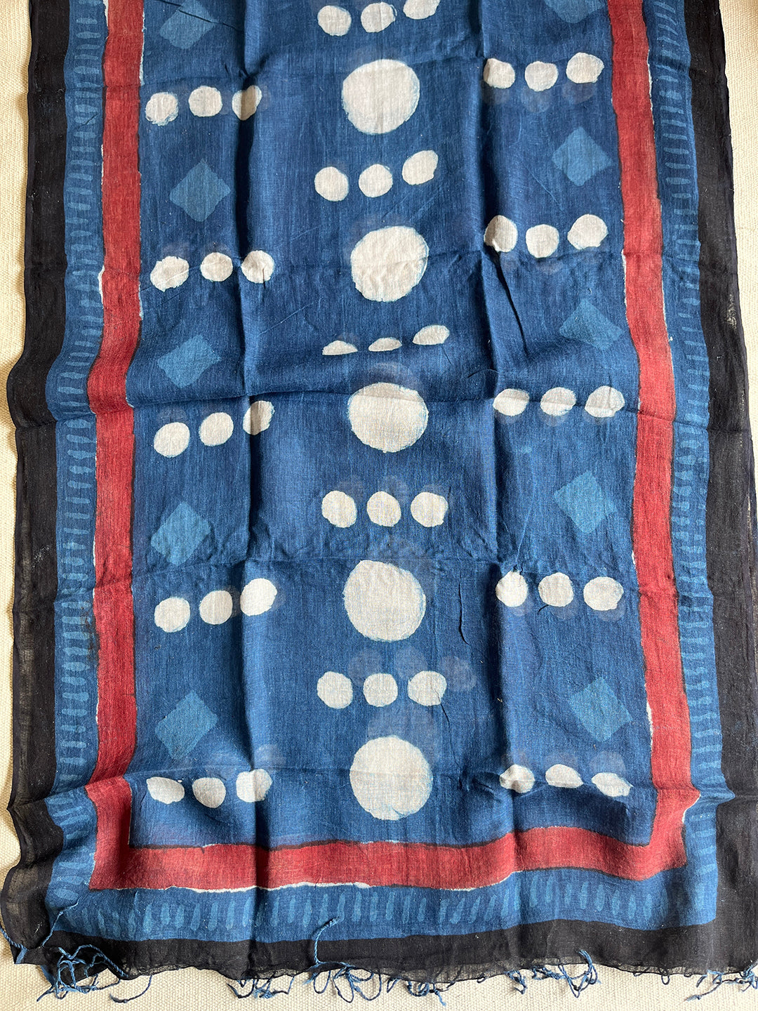 POLKAS & CONTRAST BORDER INDIGO LINEN DUPATTA