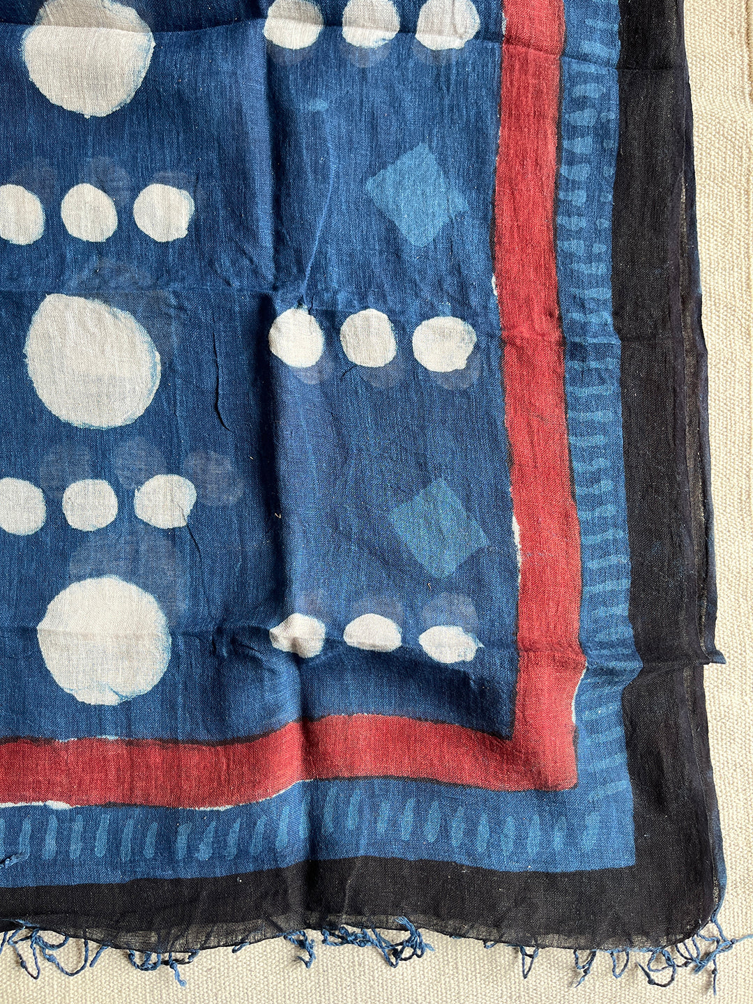 POLKAS & CONTRAST BORDER INDIGO LINEN DUPATTA