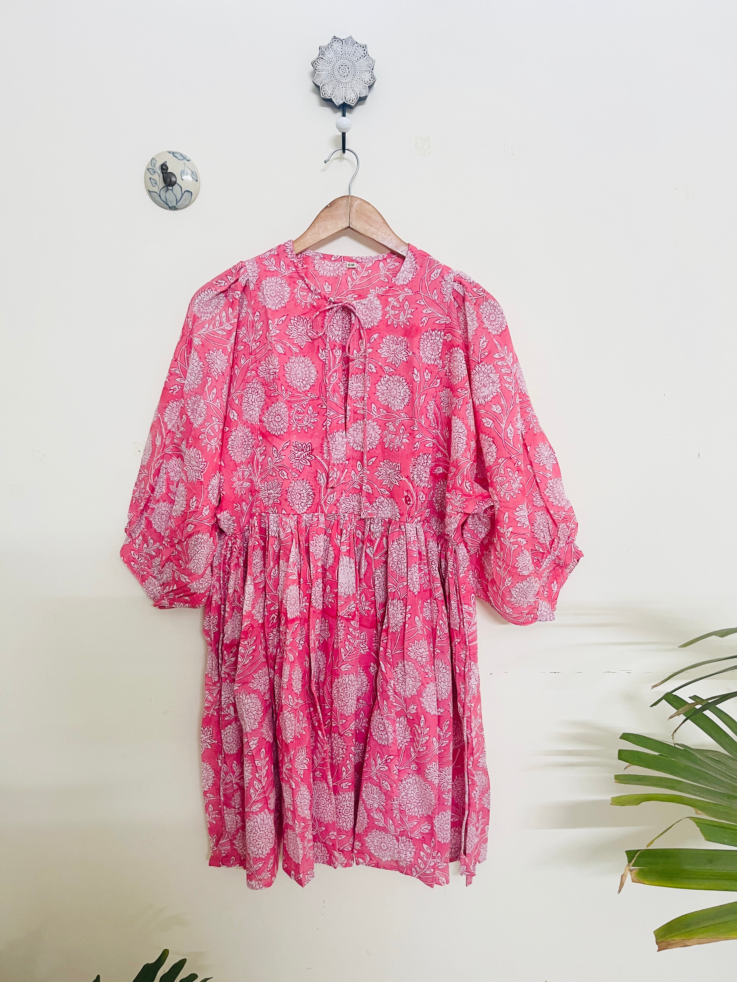 "BLUSH-ON" HAND BLOCK PRINTED MULMUL SWING DRESS