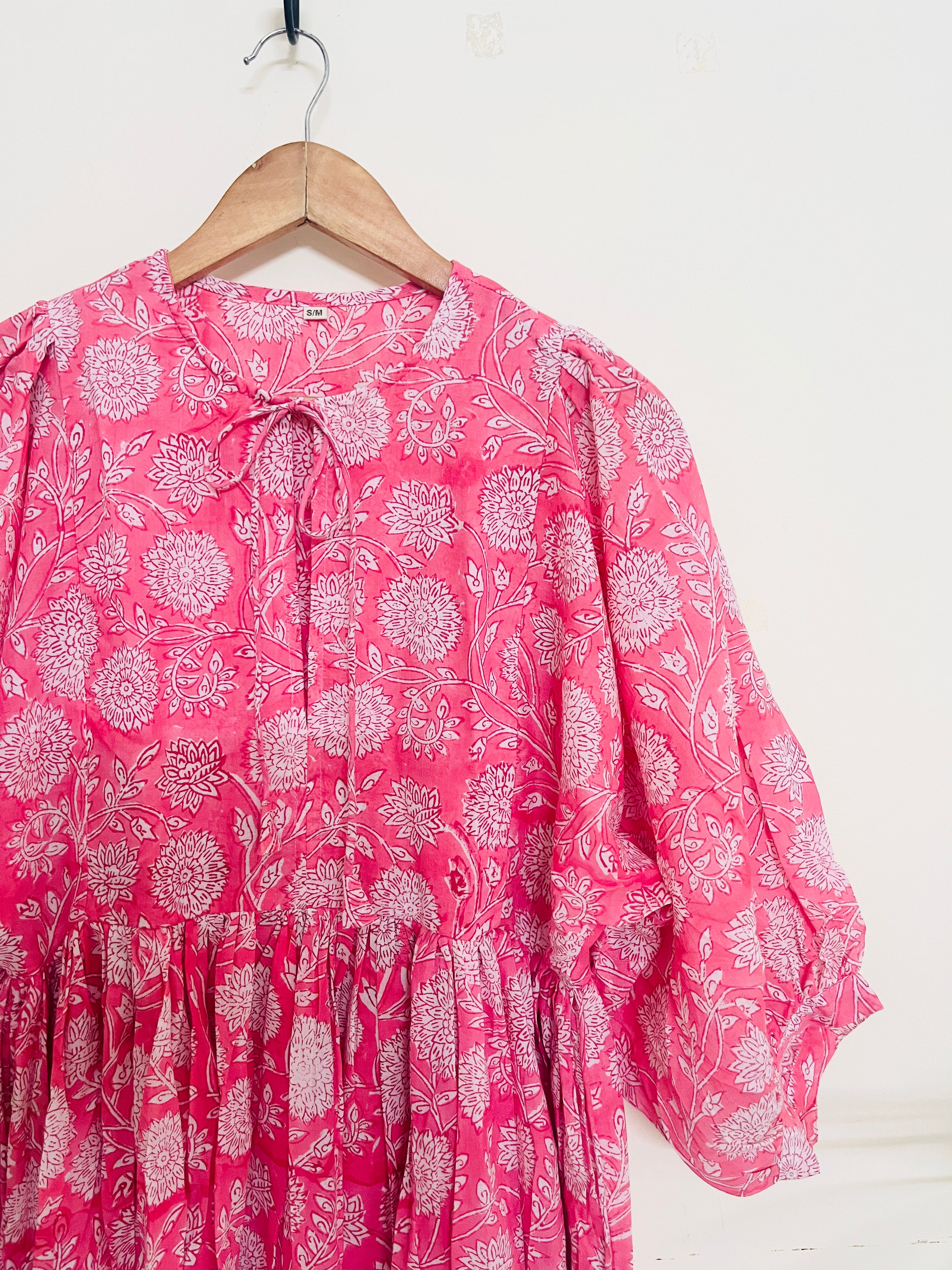 "BLUSH-ON" HAND BLOCK PRINTED MULMUL SWING DRESS