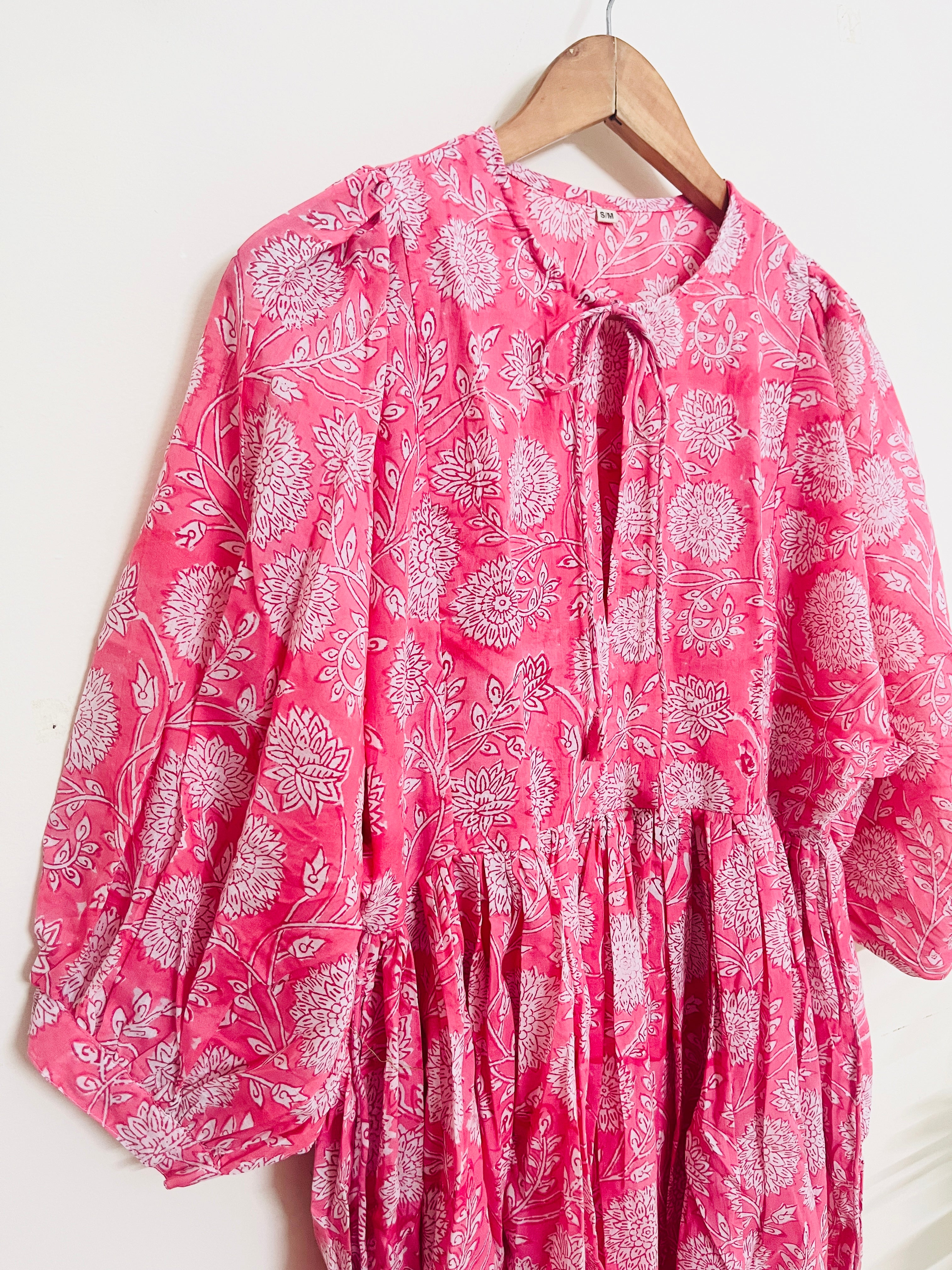 "BLUSH-ON" HAND BLOCK PRINTED MULMUL SWING DRESS