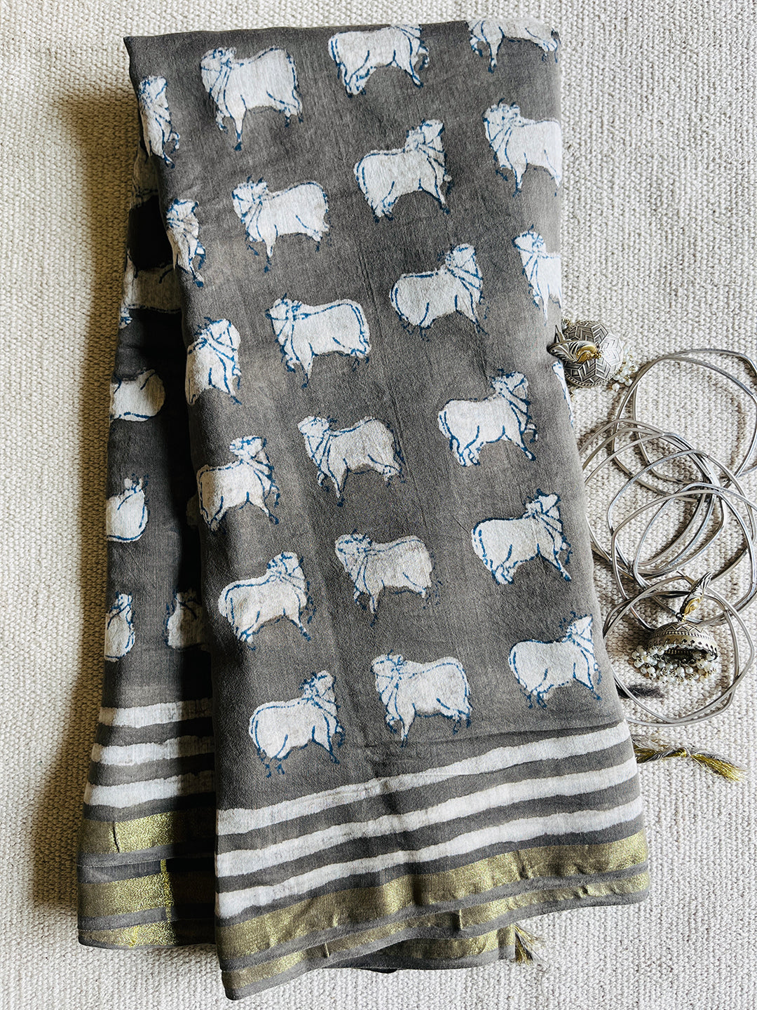 PICHWAI MOTIFS CHANDERI SILK DUPATTA (SLATE)