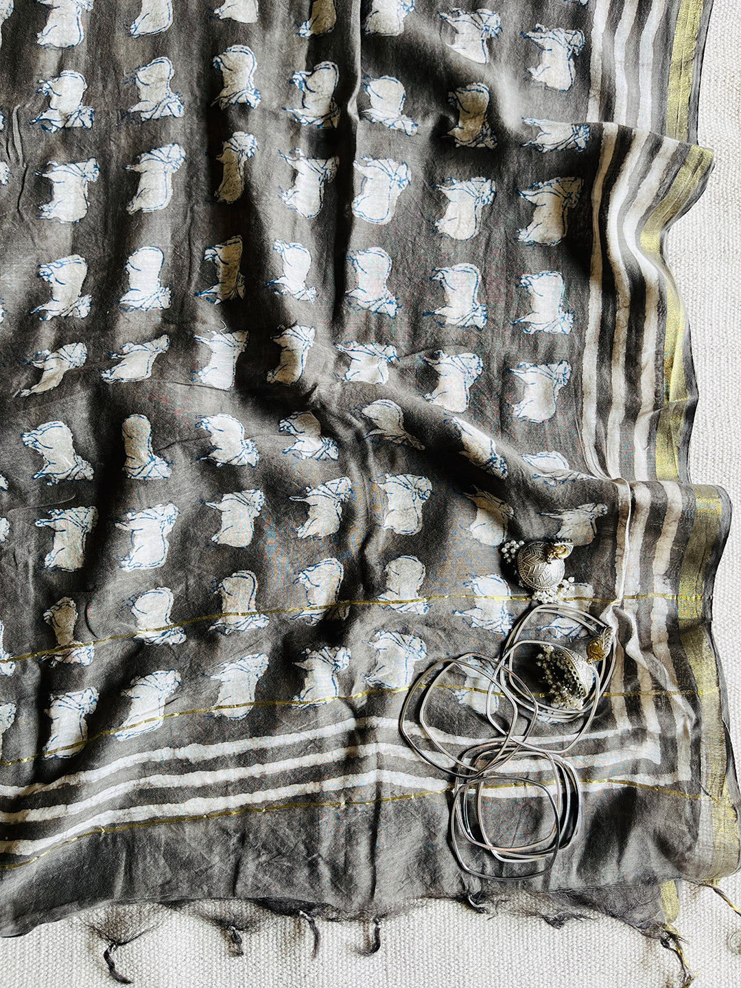 PICHWAI MOTIFS CHANDERI SILK DUPATTA (SLATE)