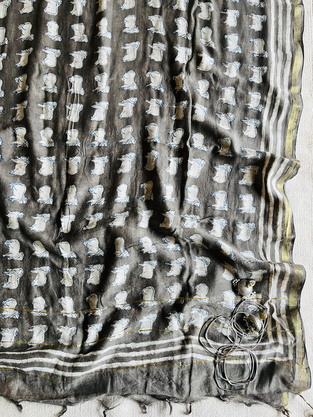 PICHWAI MOTIFS CHANDERI SILK DUPATTA (SLATE)