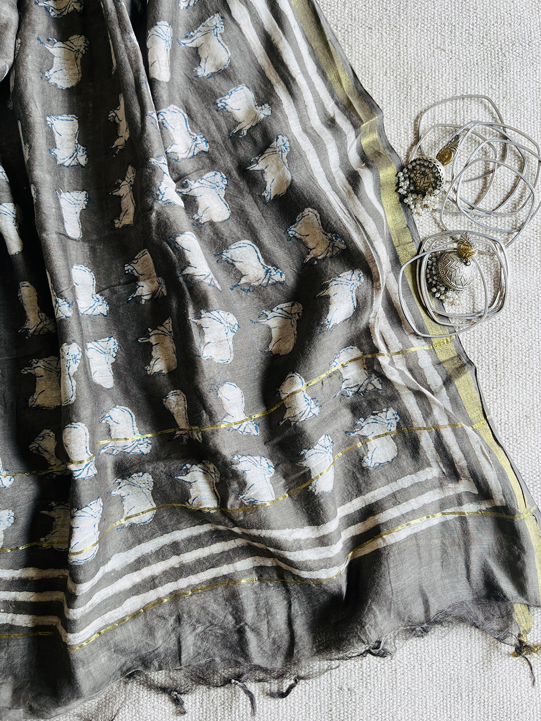PICHWAI MOTIFS CHANDERI SILK DUPATTA (SLATE)