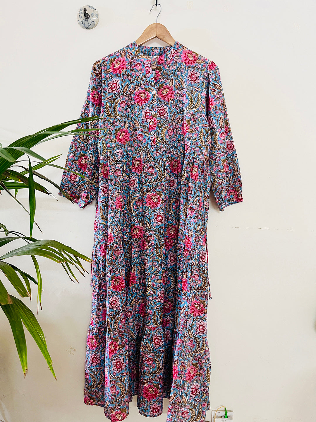 BLOCK PRINTED TIERED DRESS TEAL BLUE