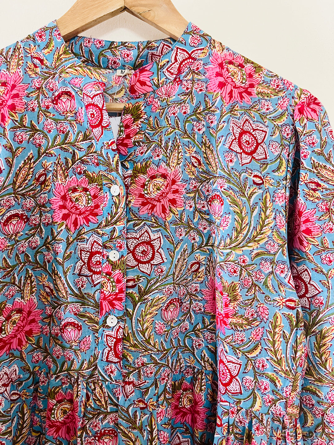 BLOCK PRINTED TIERED DRESS TEAL BLUE