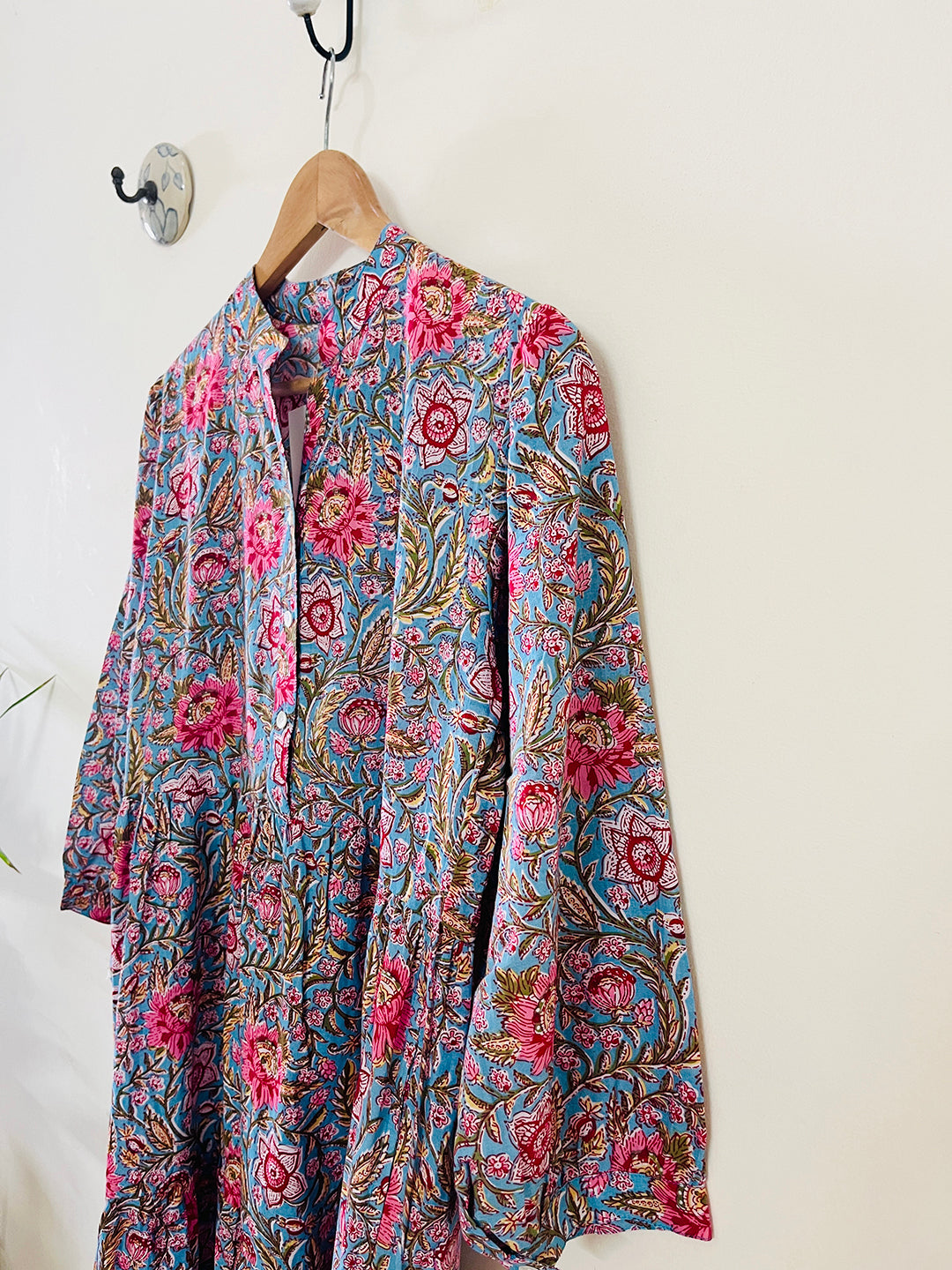 BLOCK PRINTED TIERED DRESS TEAL BLUE