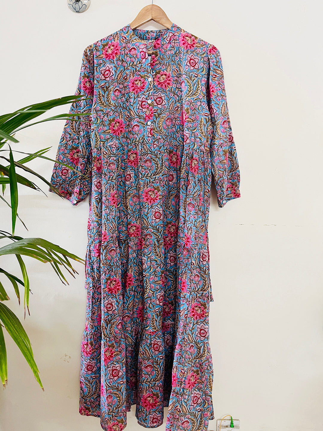 BLOCK PRINTED TIERED DRESS TEAL BLUE