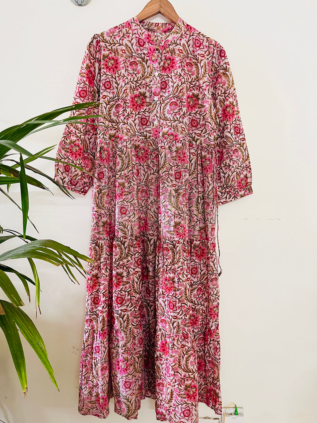 BLOCK PRINTED PEACH TIERED DRESS