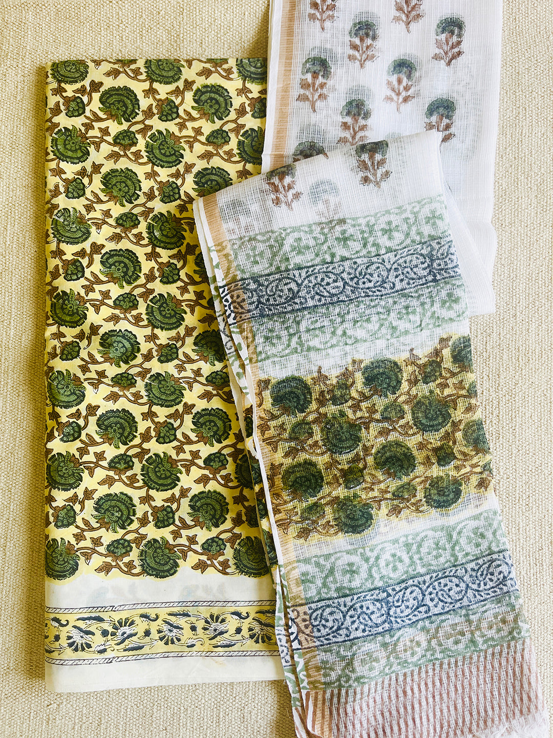 UNSTITCHED COTTON SUIT & KOTA DUPATTA LIME YELLOW