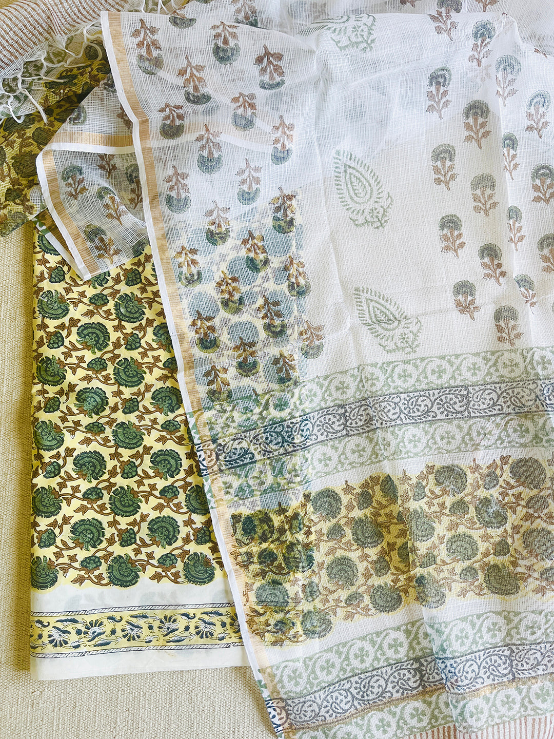 UNSTITCHED COTTON SUIT & KOTA DUPATTA LIME YELLOW