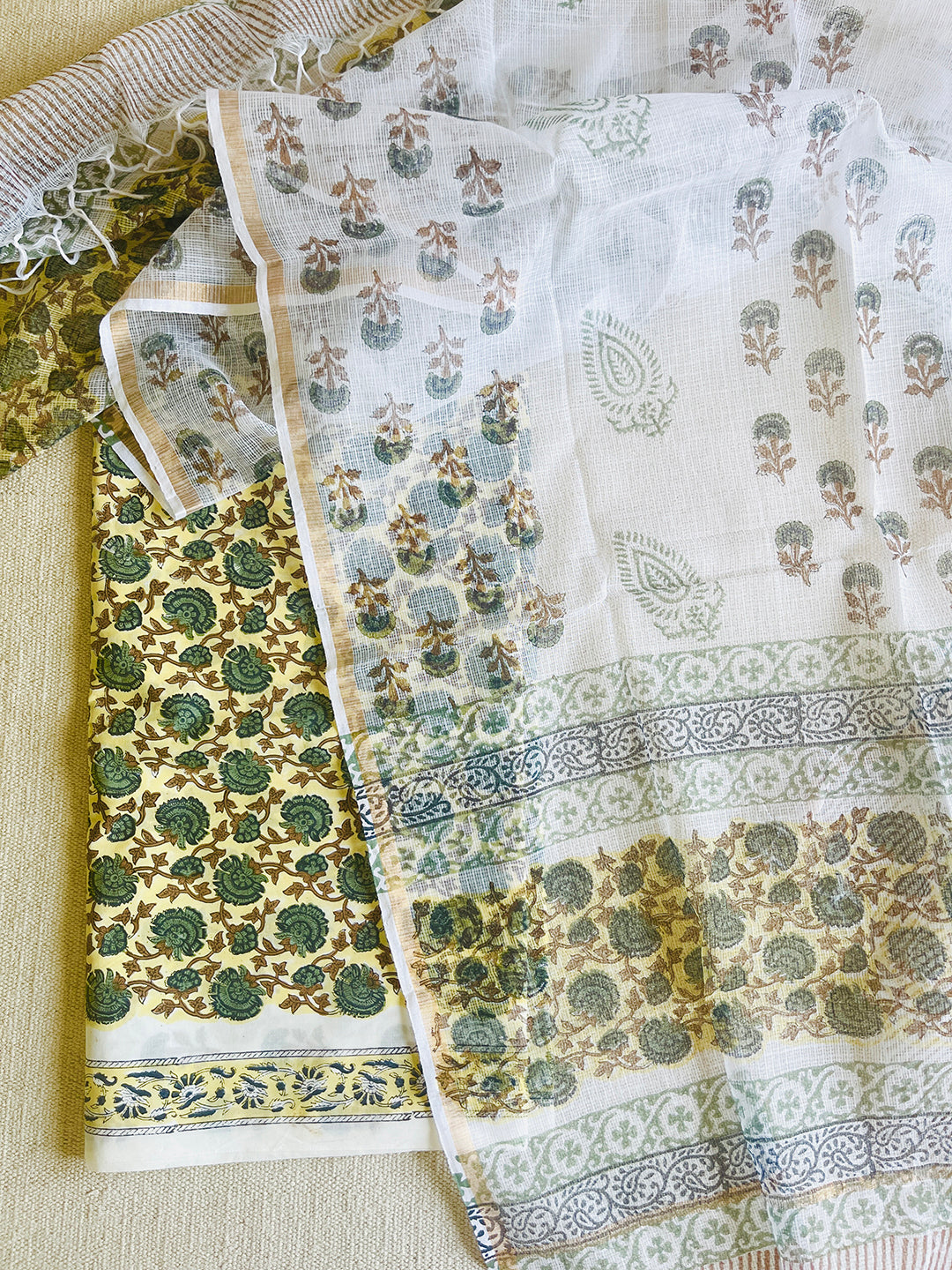UNSTITCHED COTTON SUIT & KOTA DUPATTA LIME YELLOW
