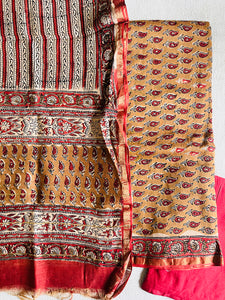 EARTHY & RED ALLOVER BOOTIES CHANDERI UNSTITCHED SUIT