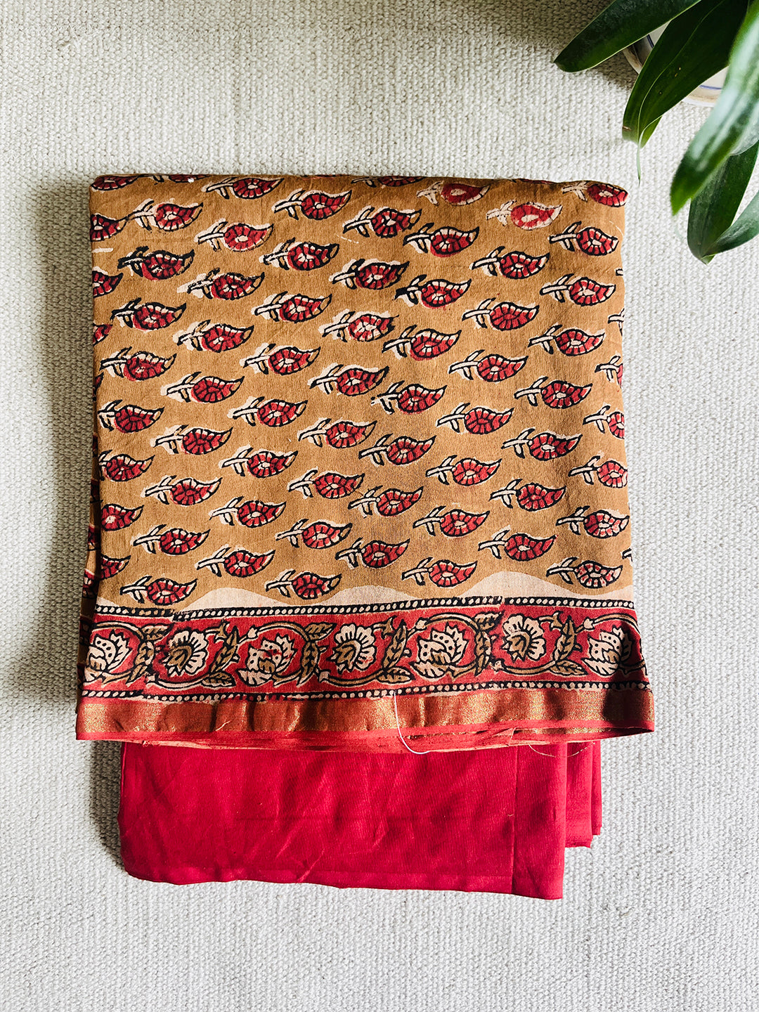 EARTHY & RED ALLOVER BOOTIES CHANDERI UNSTITCHED SUIT