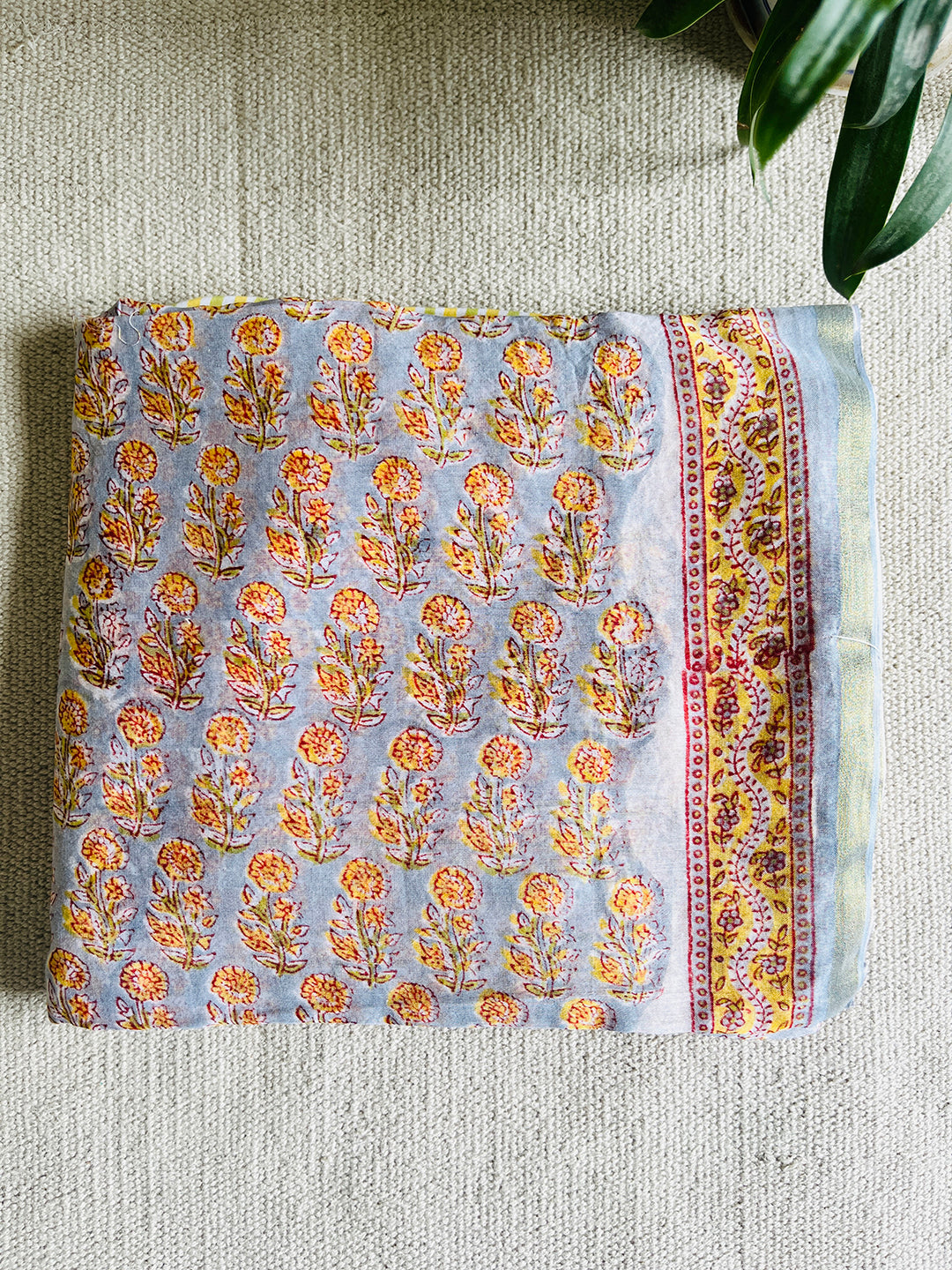 BLOCK PRINTED ALLOVER BOOTIES CHANDERI UNSTITCHED SUIT- SLATE & YELLOW