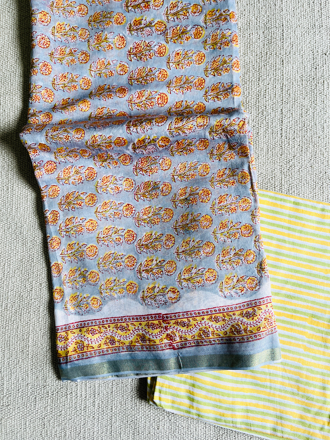 BLOCK PRINTED ALLOVER BOOTIES CHANDERI UNSTITCHED SUIT- SLATE & YELLOW
