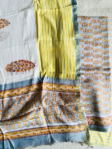 BLOCK PRINTED ALLOVER BOOTIES CHANDERI UNSTITCHED SUIT- SLATE & YELLOW