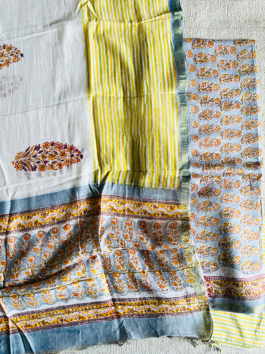 BLOCK PRINTED ALLOVER BOOTIES CHANDERI UNSTITCHED SUIT- SLATE & YELLOW