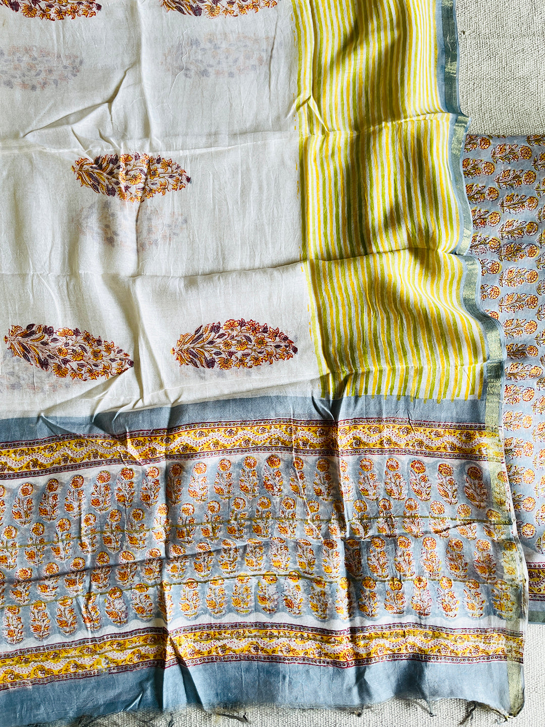 BLOCK PRINTED ALLOVER BOOTIES CHANDERI UNSTITCHED SUIT- SLATE & YELLOW