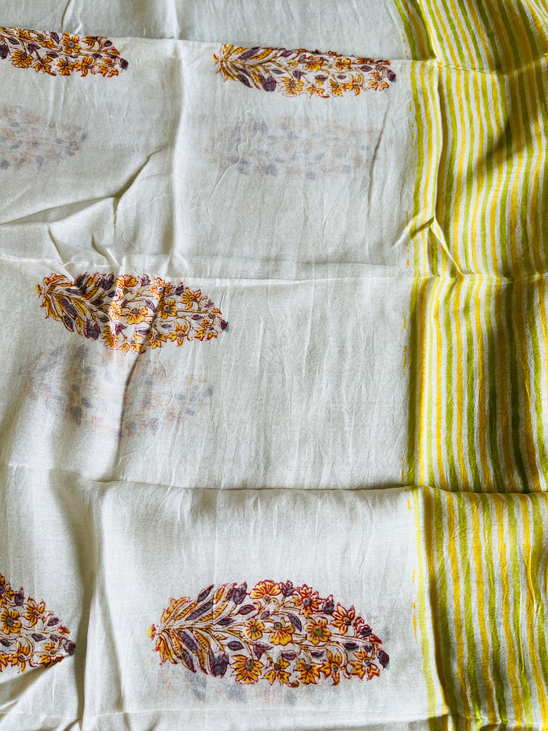 BLOCK PRINTED ALLOVER BOOTIES CHANDERI UNSTITCHED SUIT- SLATE & YELLOW