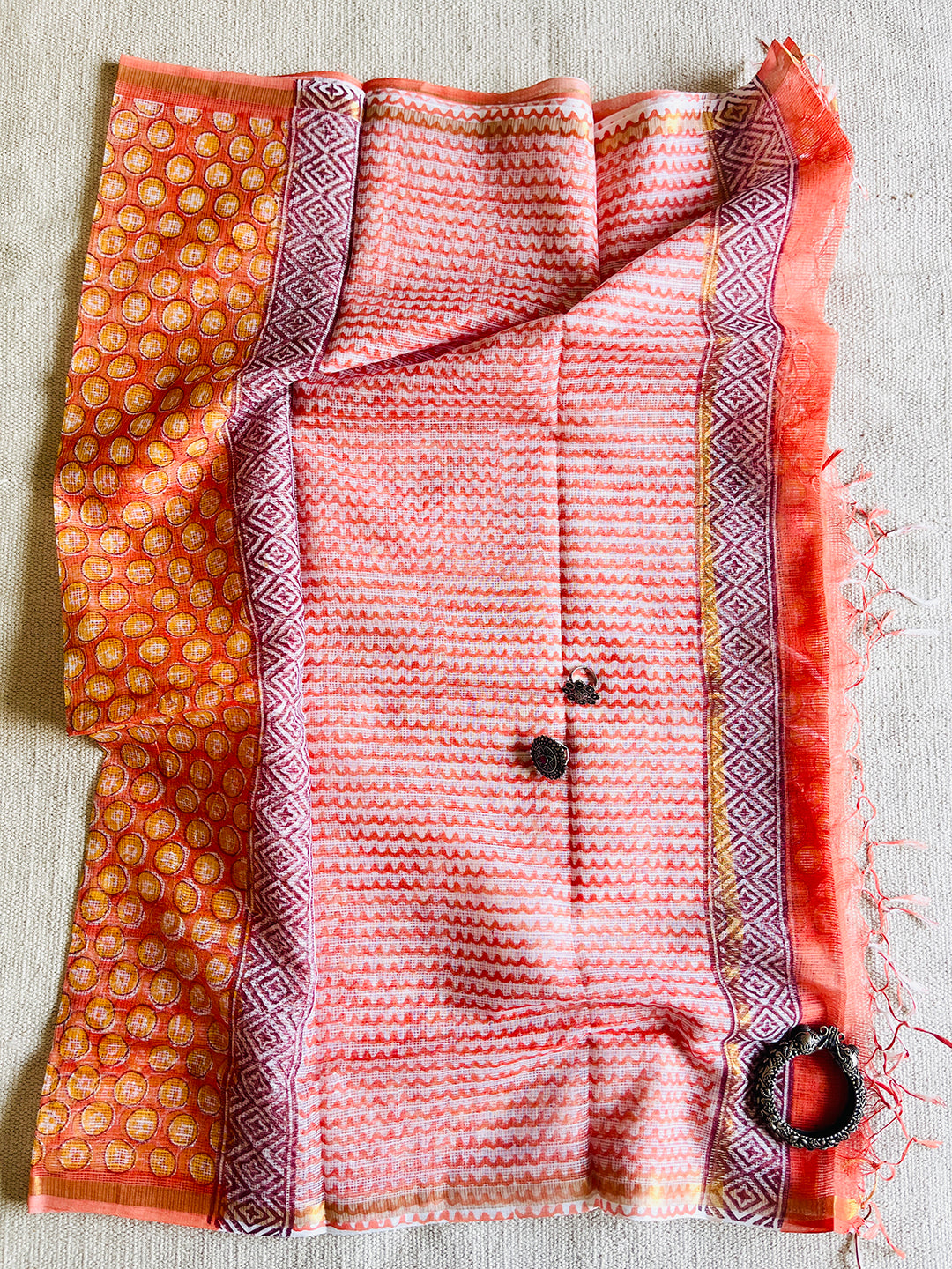 KOTA  DORIA ORANGE-PEACH DUPATTA