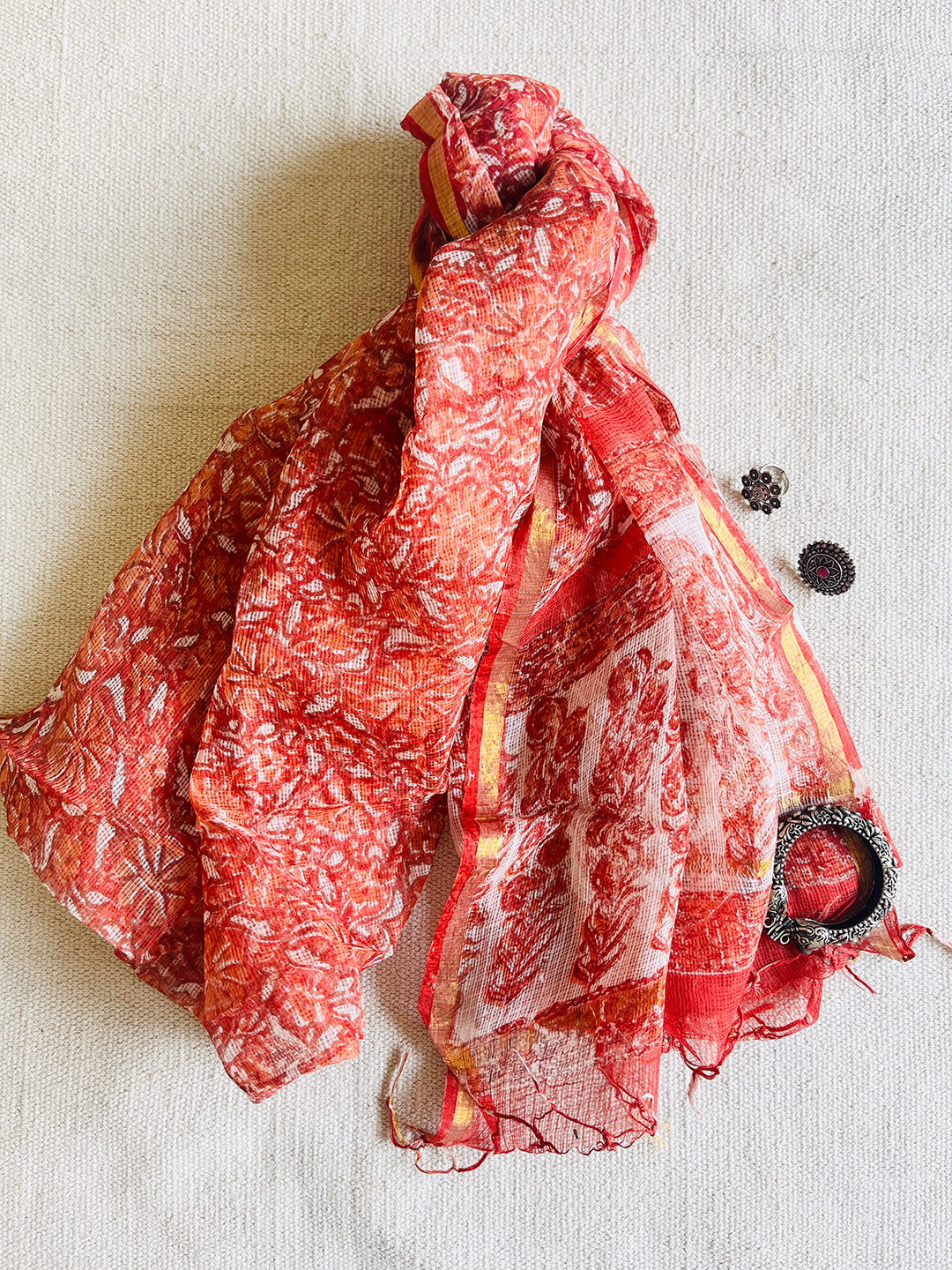 KOTA  DORIA RUST-ORANGE FLORAL JAAL DUPATTA