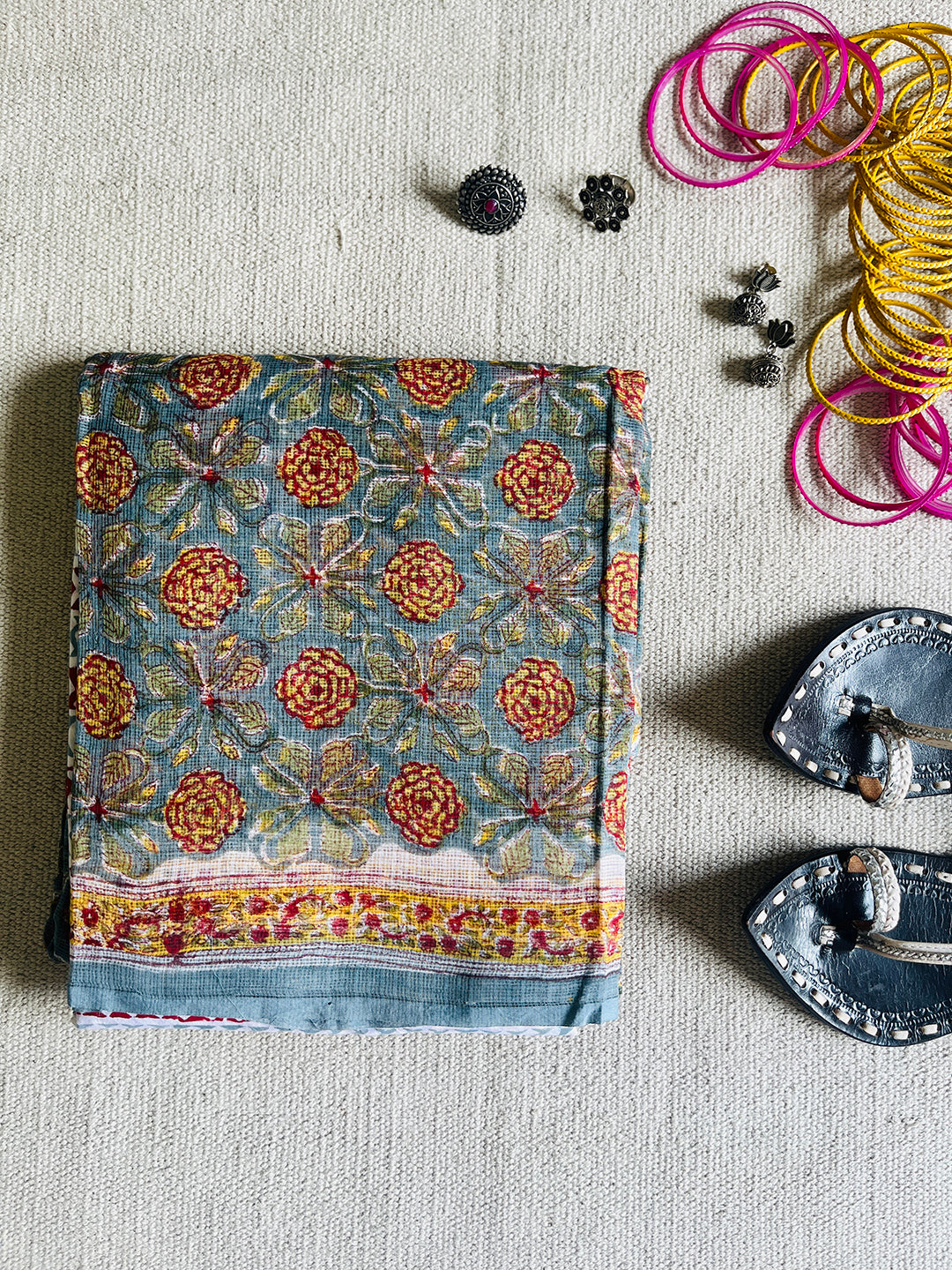 ALLOVER PRINT KOTA DORIA UNSTITCHED SUIT- STEEL BLUE