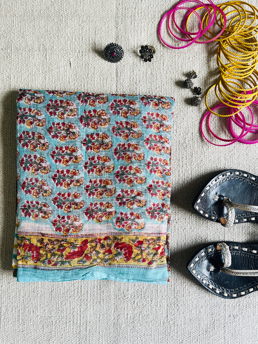 FLORAL BOOTIES KOTA DORIA UNSTITCHED SUIT- AASMANI