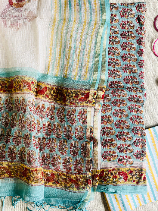 FLORAL BOOTIES KOTA DORIA UNSTITCHED SUIT- AASMANI