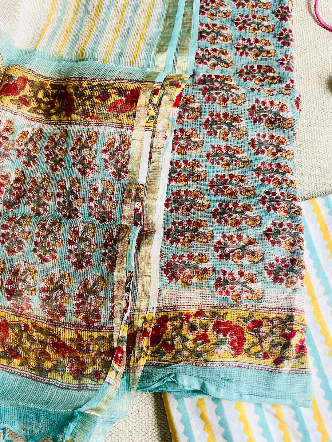 FLORAL BOOTIES KOTA DORIA UNSTITCHED SUIT- AASMANI