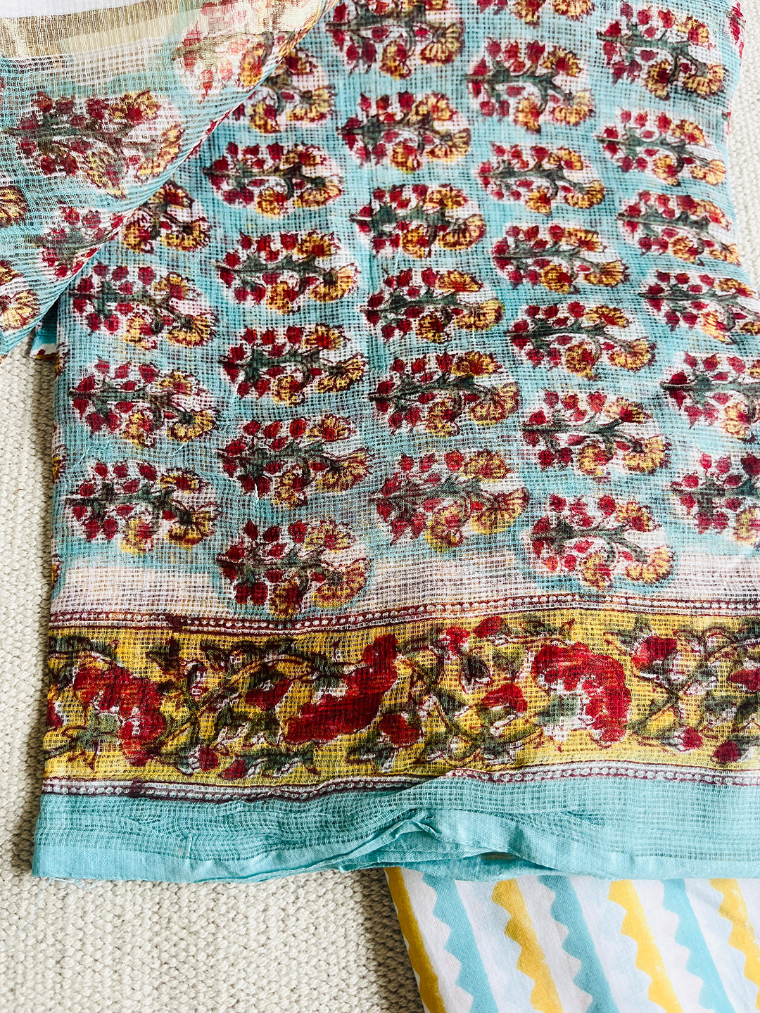 FLORAL BOOTIES KOTA DORIA UNSTITCHED SUIT- AASMANI