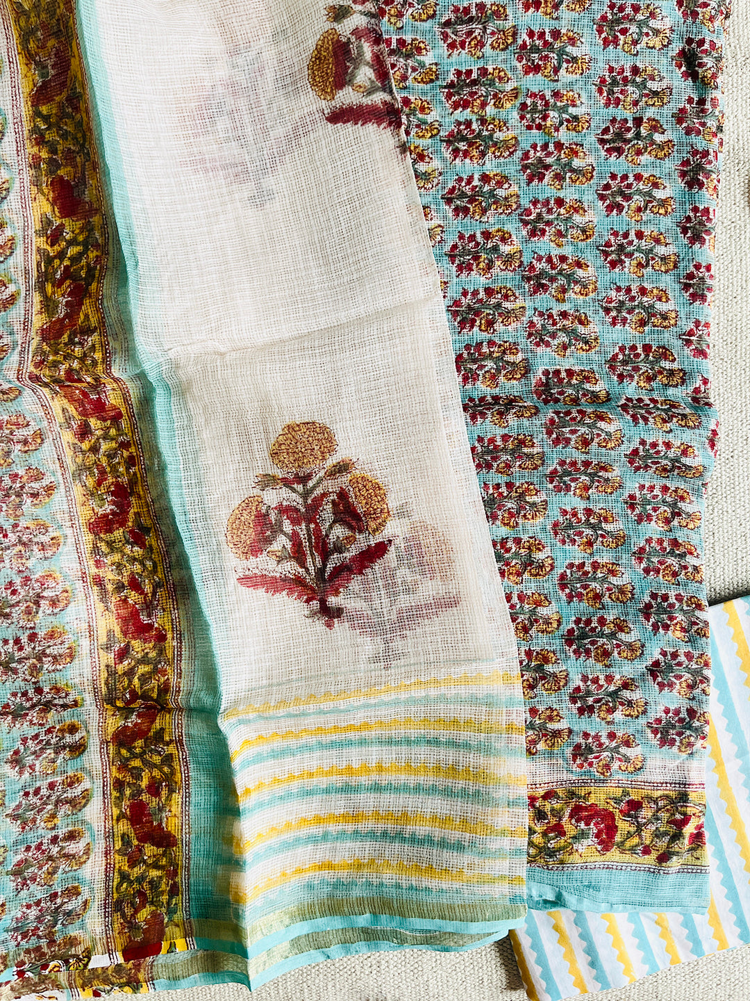 FLORAL BOOTIES KOTA DORIA UNSTITCHED SUIT- AASMANI