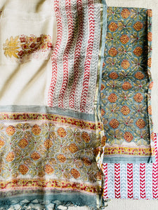 ALLOVER PRINT KOTA DORIA UNSTITCHED SUIT- STEEL BLUE