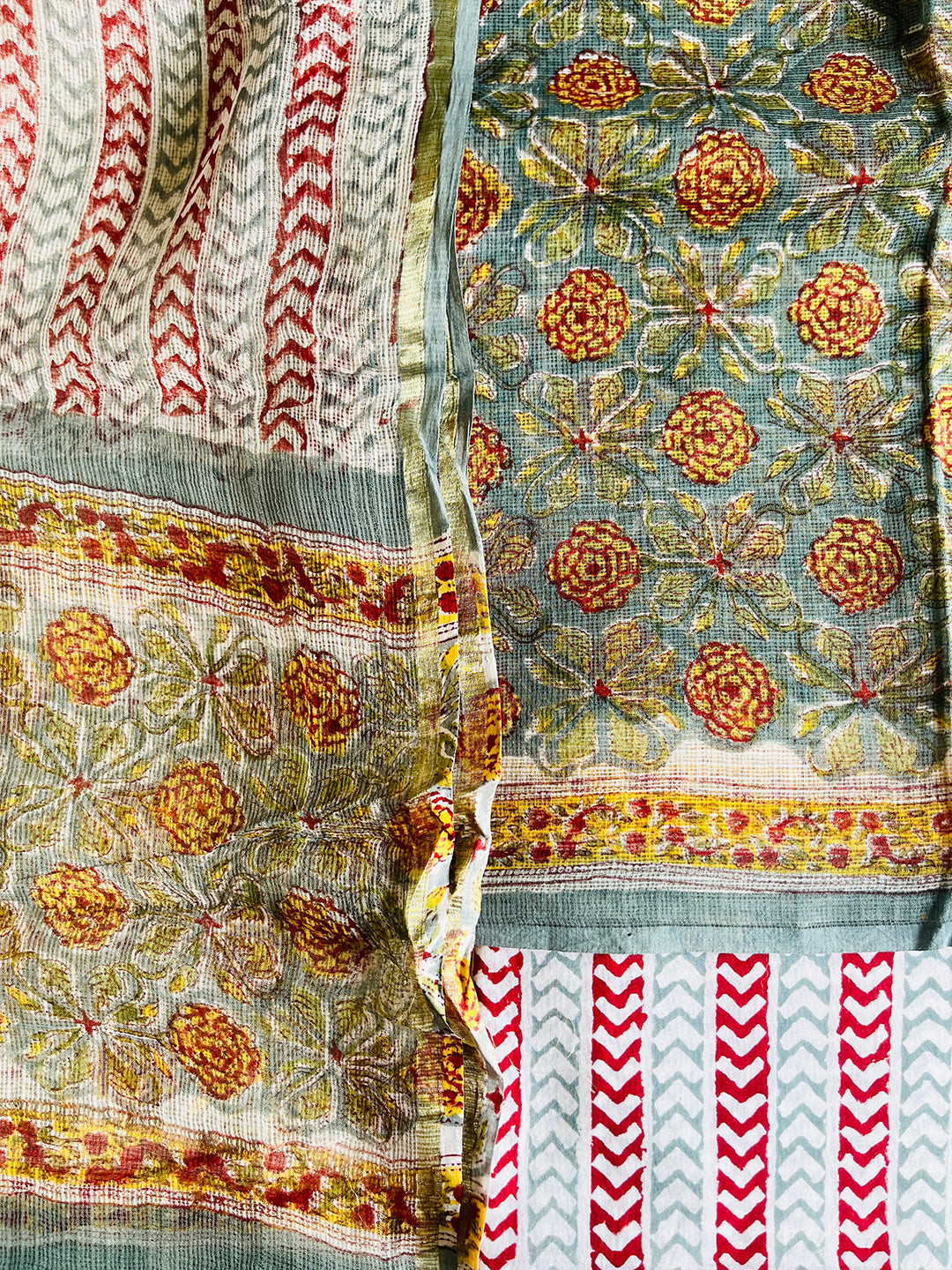 ALLOVER PRINT KOTA DORIA UNSTITCHED SUIT- STEEL BLUE