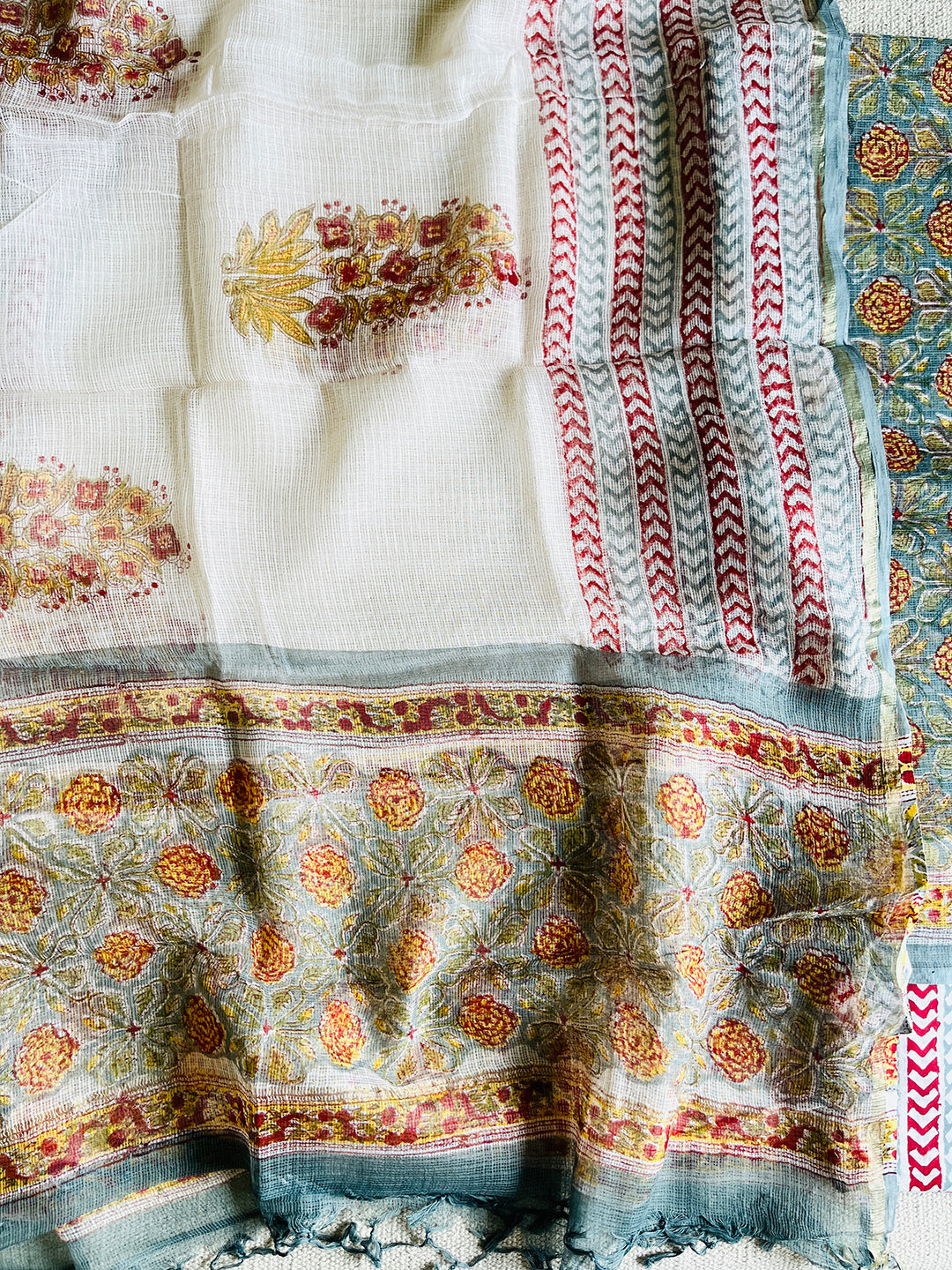 ALLOVER PRINT KOTA DORIA UNSTITCHED SUIT- STEEL BLUE