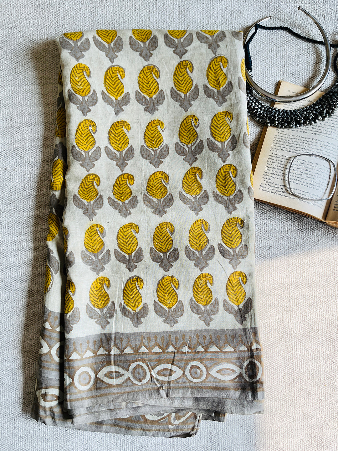 PAISLEY BLOCK PRINTED ASSAM SILK COTTON SAREE