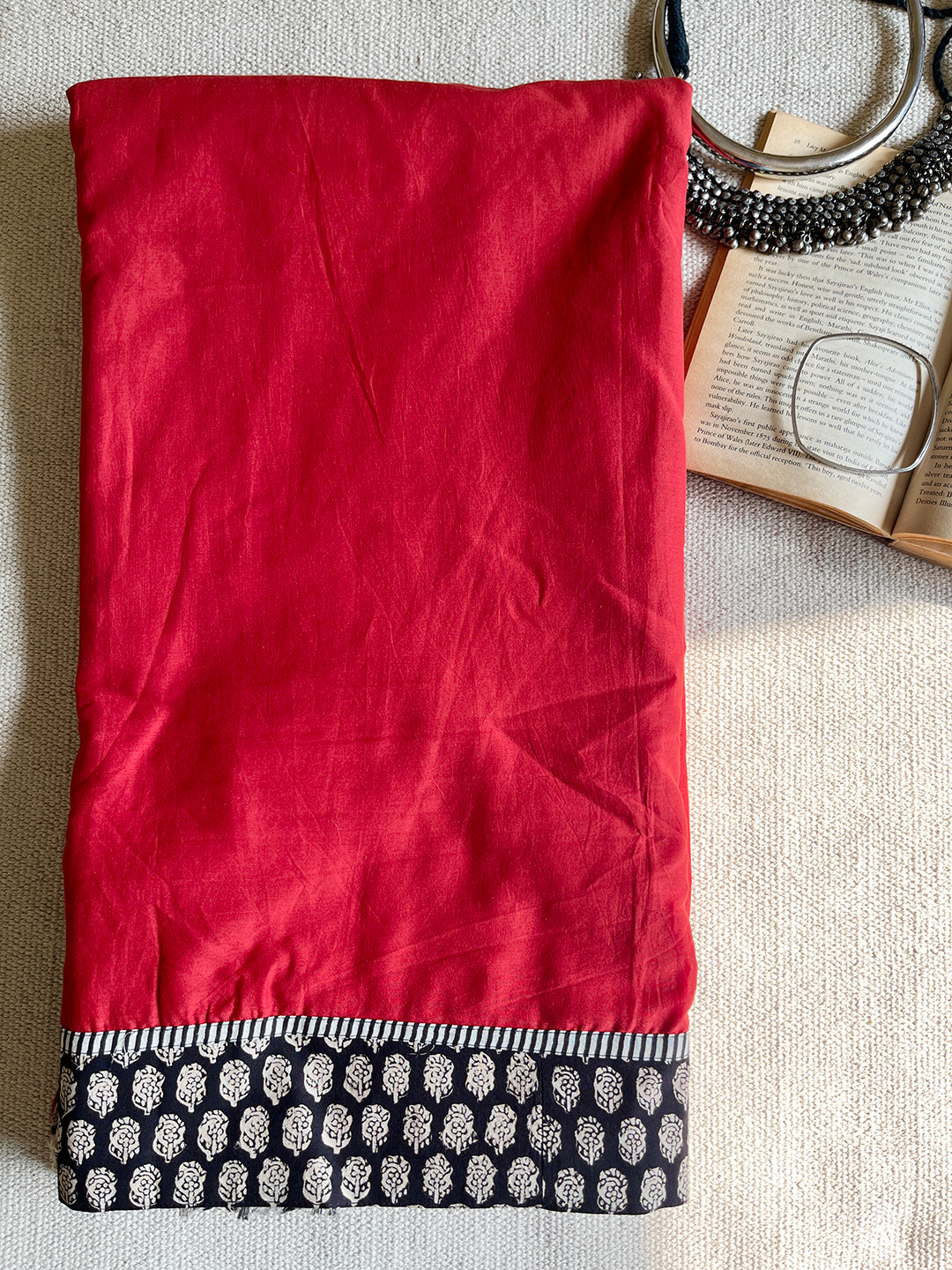 MULMUL APPLIQUE BORDER SAREE- LIPSTICK RED