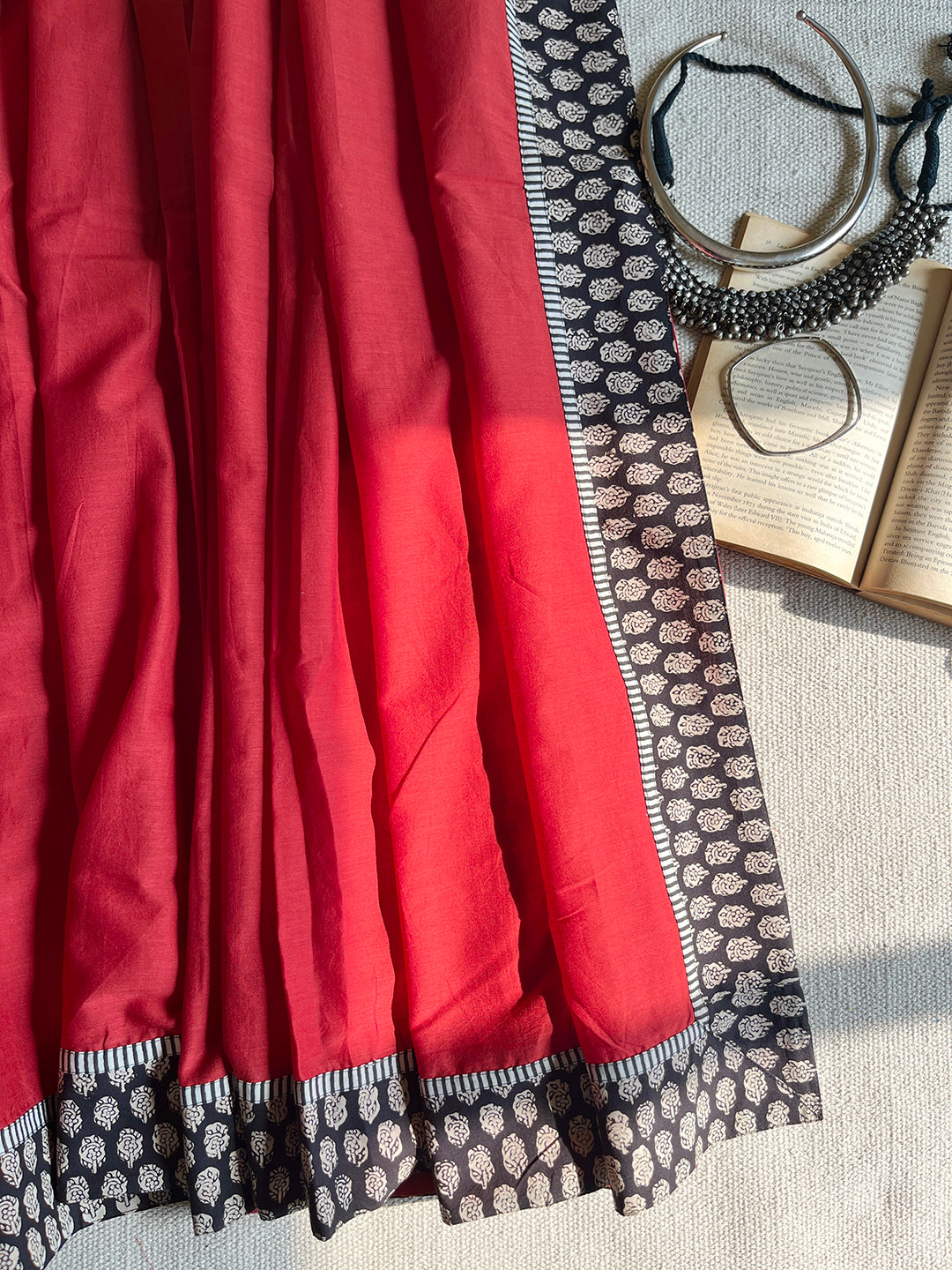 MULMUL APPLIQUE BORDER SAREE- LIPSTICK RED