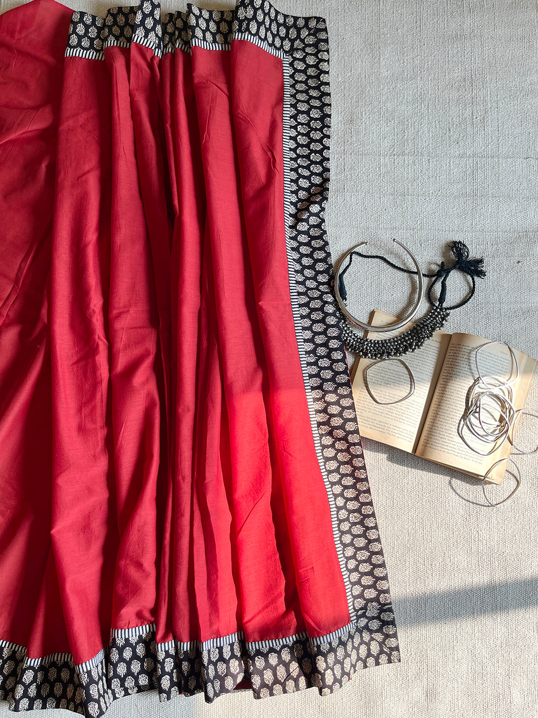 MULMUL APPLIQUE BORDER SAREE- LIPSTICK RED