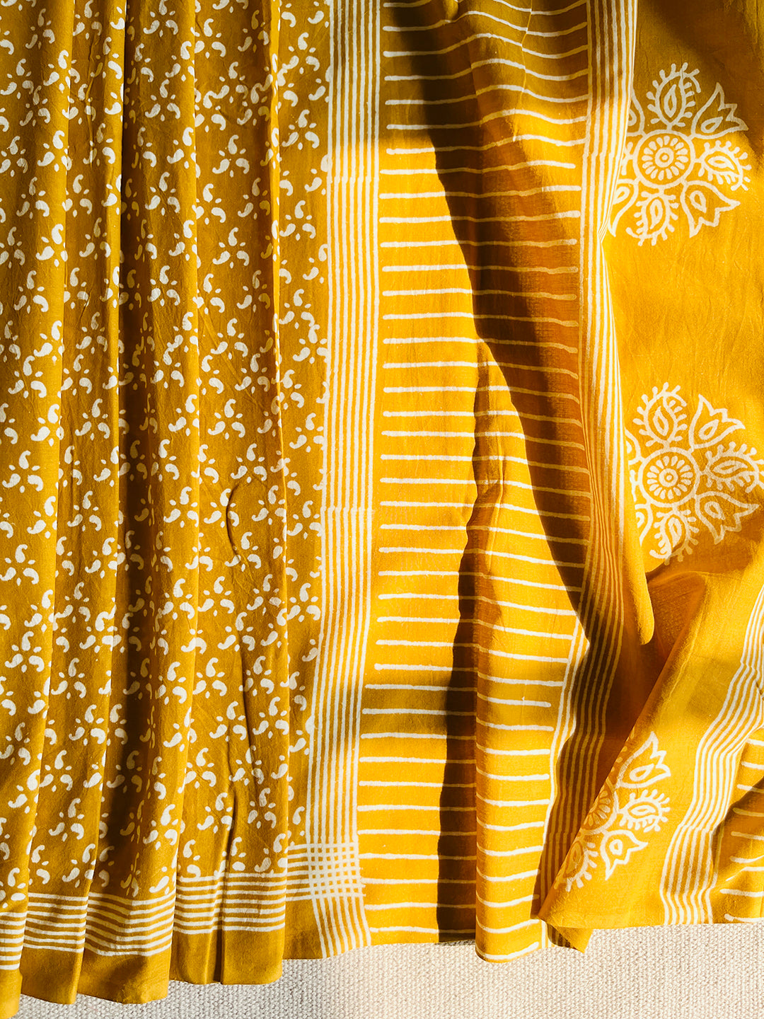 MUSTARD BLOCK PRINTED TASSELED MULMUL SAREE