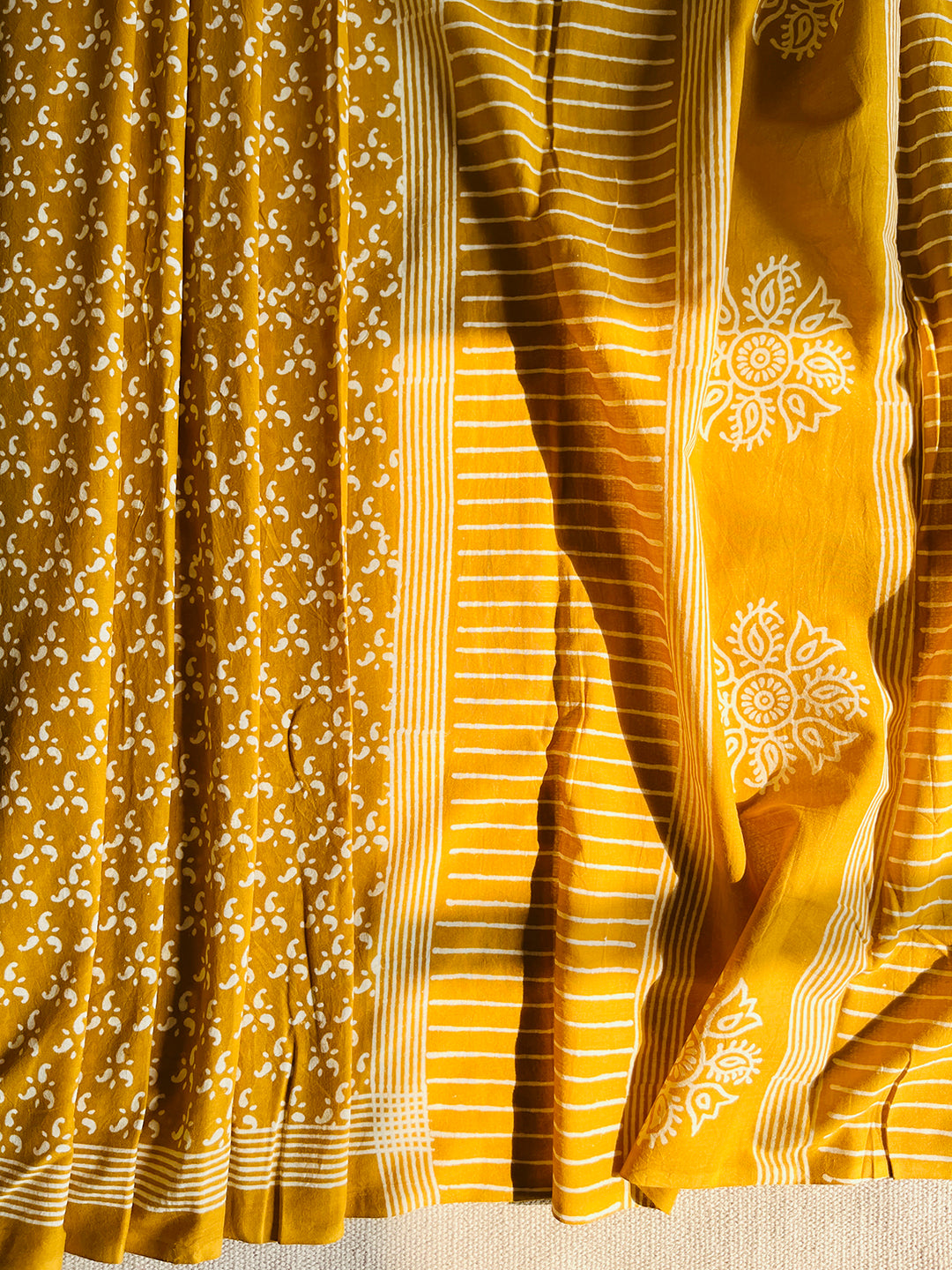 MUSTARD BLOCK PRINTED TASSELED MULMUL SAREE