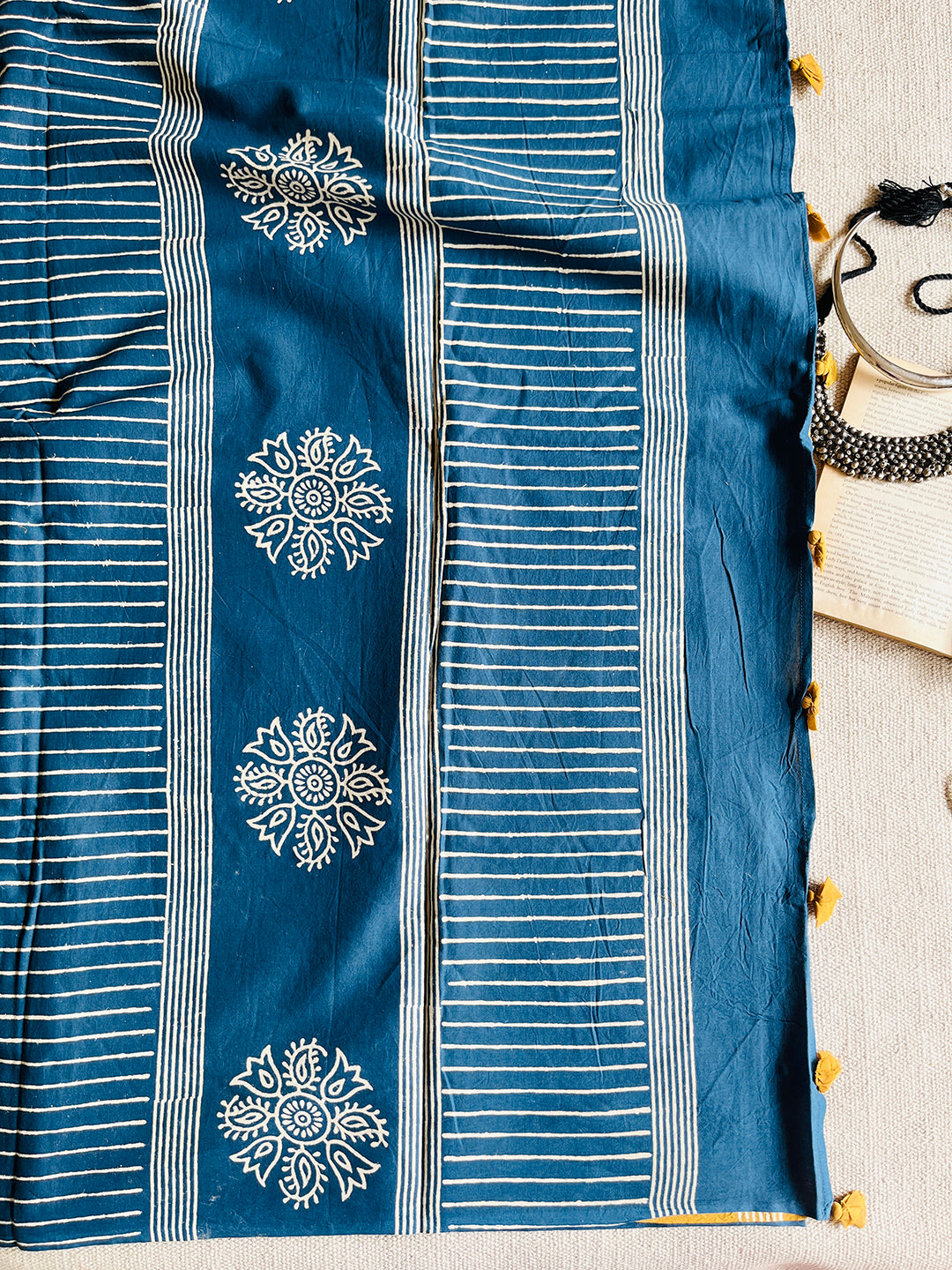 BLUE BLOCK PRINTED TASSELED MULMUL SAREE