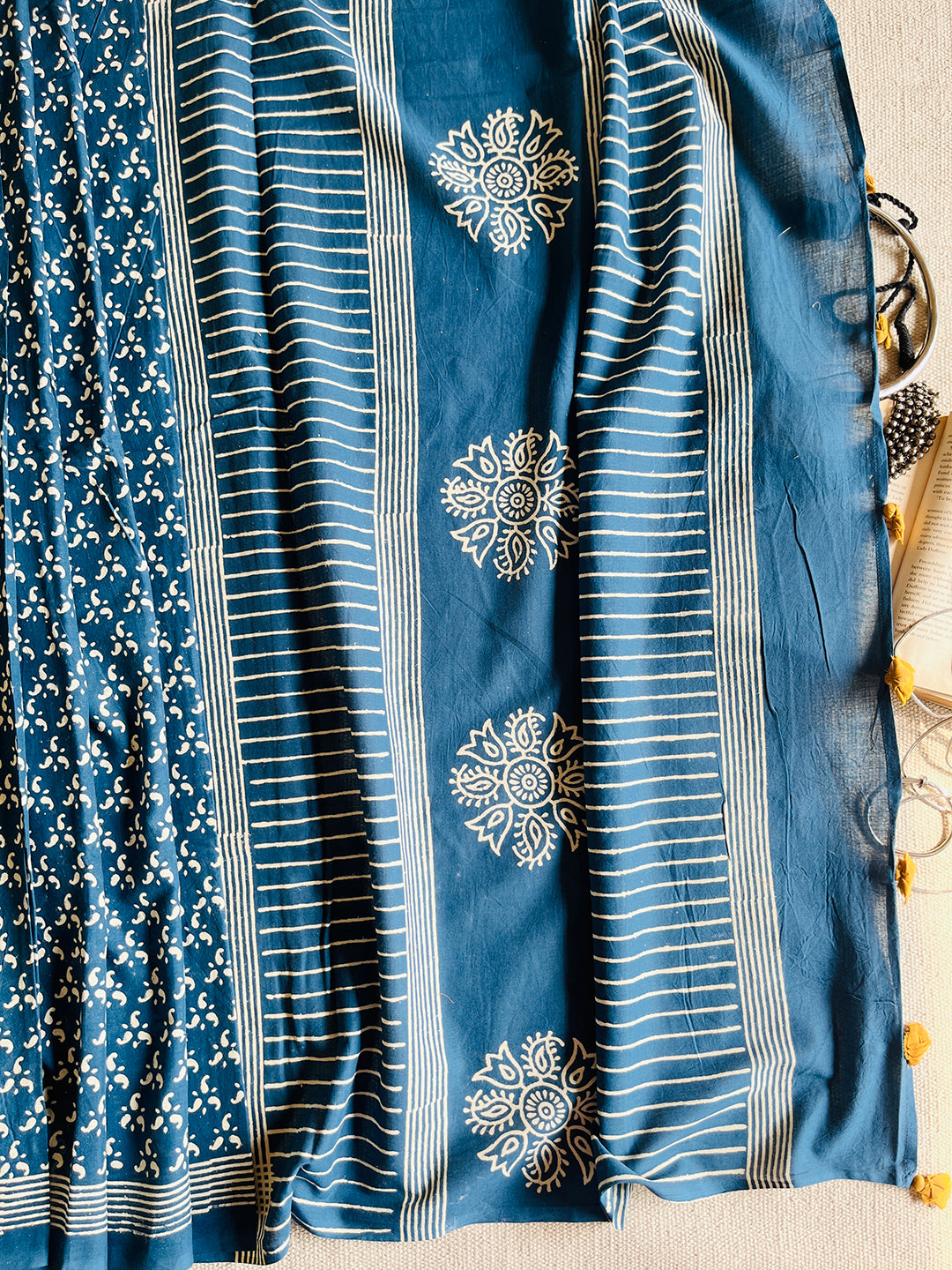 BLUE BLOCK PRINTED TASSELED MULMUL SAREE