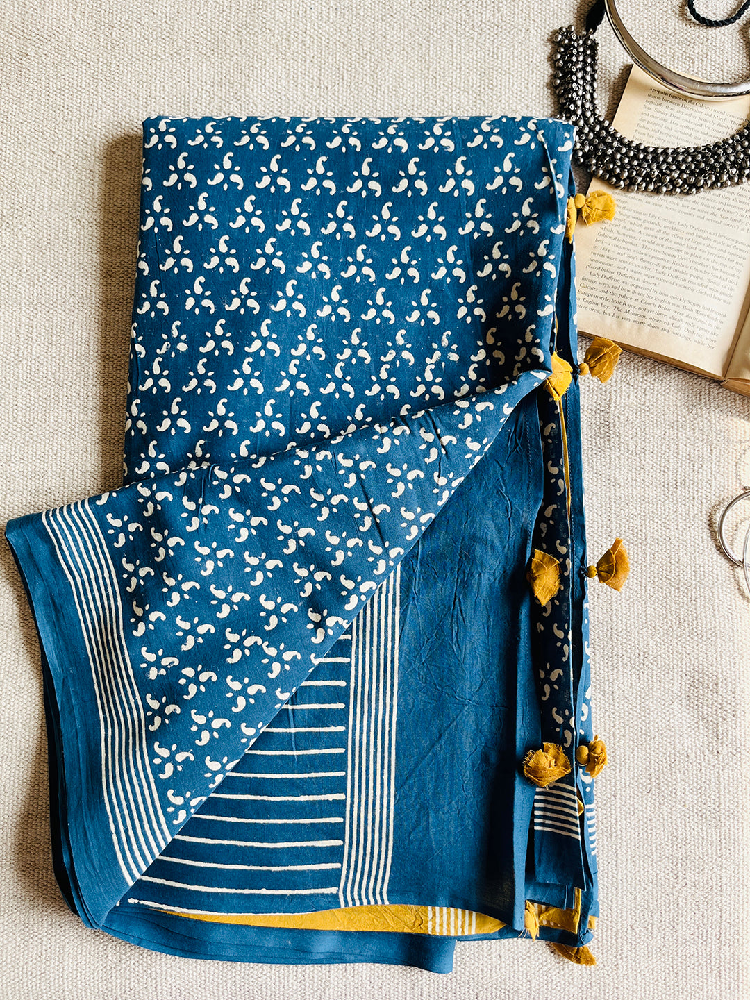 BLUE BLOCK PRINTED TASSELED MULMUL SAREE