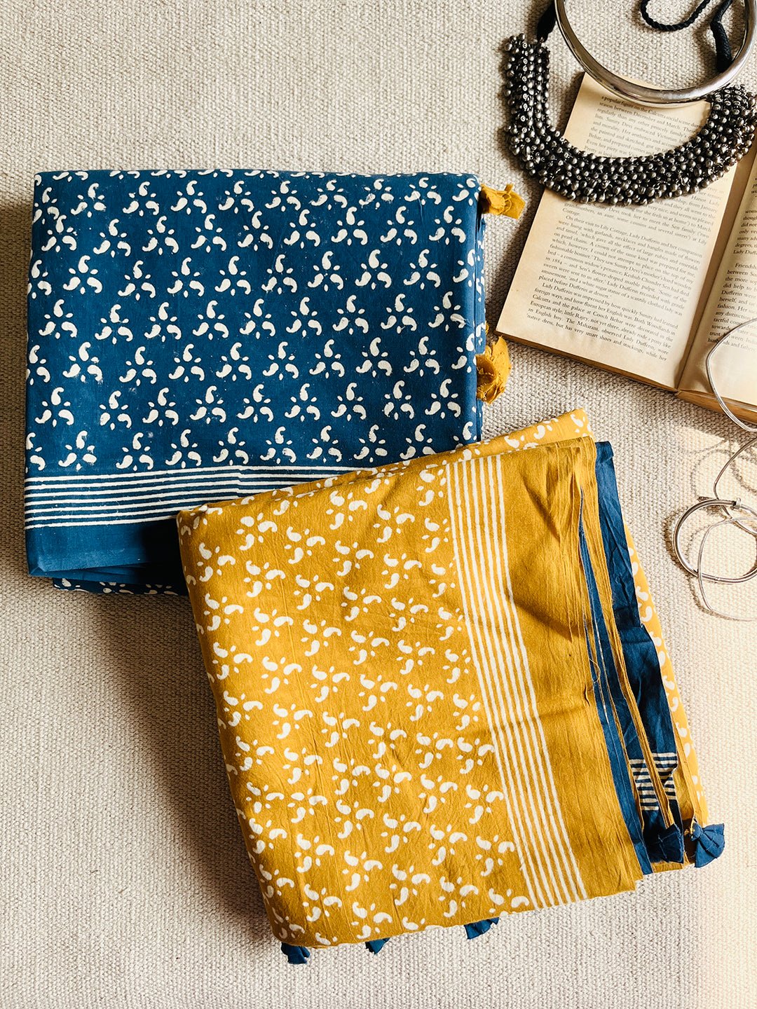 BLUE BLOCK PRINTED TASSELED MULMUL SAREE